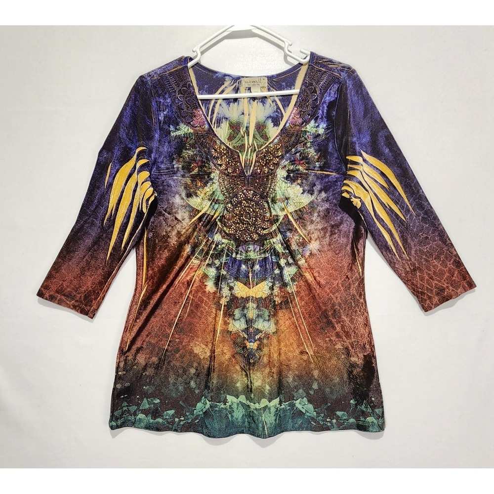 One World Women's Colorful Y2K Rhinestone Multicolor Velvet Blouse Size M